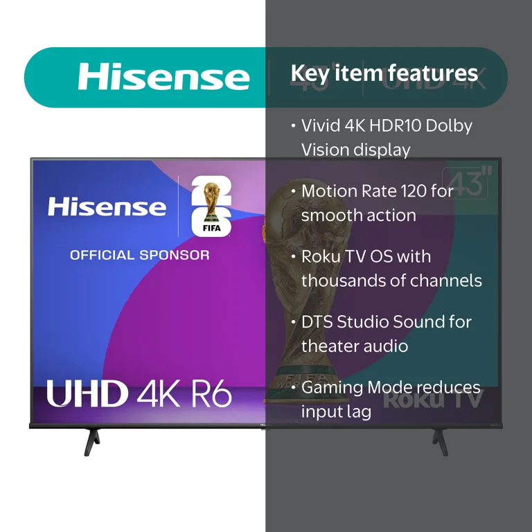 Hisense, 43-inch 4K UHD LED LCD Smart Roku TV HDR R6 Series 43R6E3