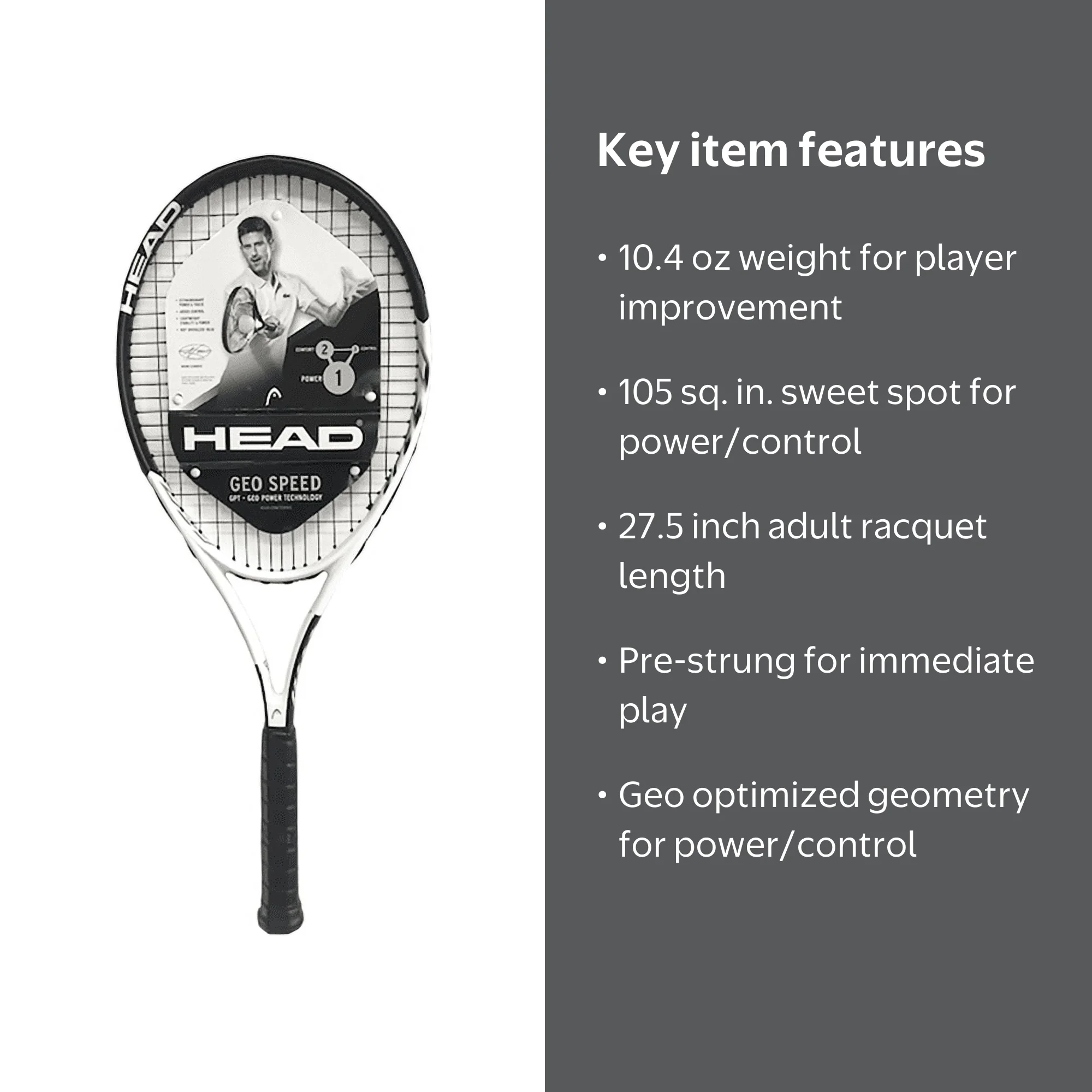 HEAD, Tennis Racquet, 105 sq in, Adult Pre-Strung Black White