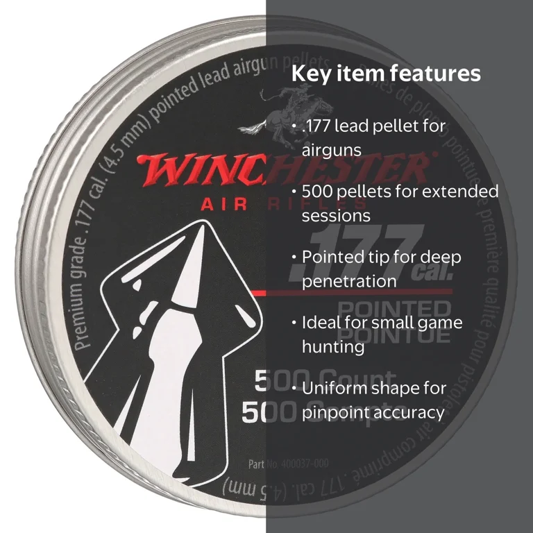 Winchester, Air Gun Pellets, Pointed, .177 Caliber, Silver, 500 ct Winchester, Air Gun Pellets, Pointed, .177 Caliber, Silver, 500 ct