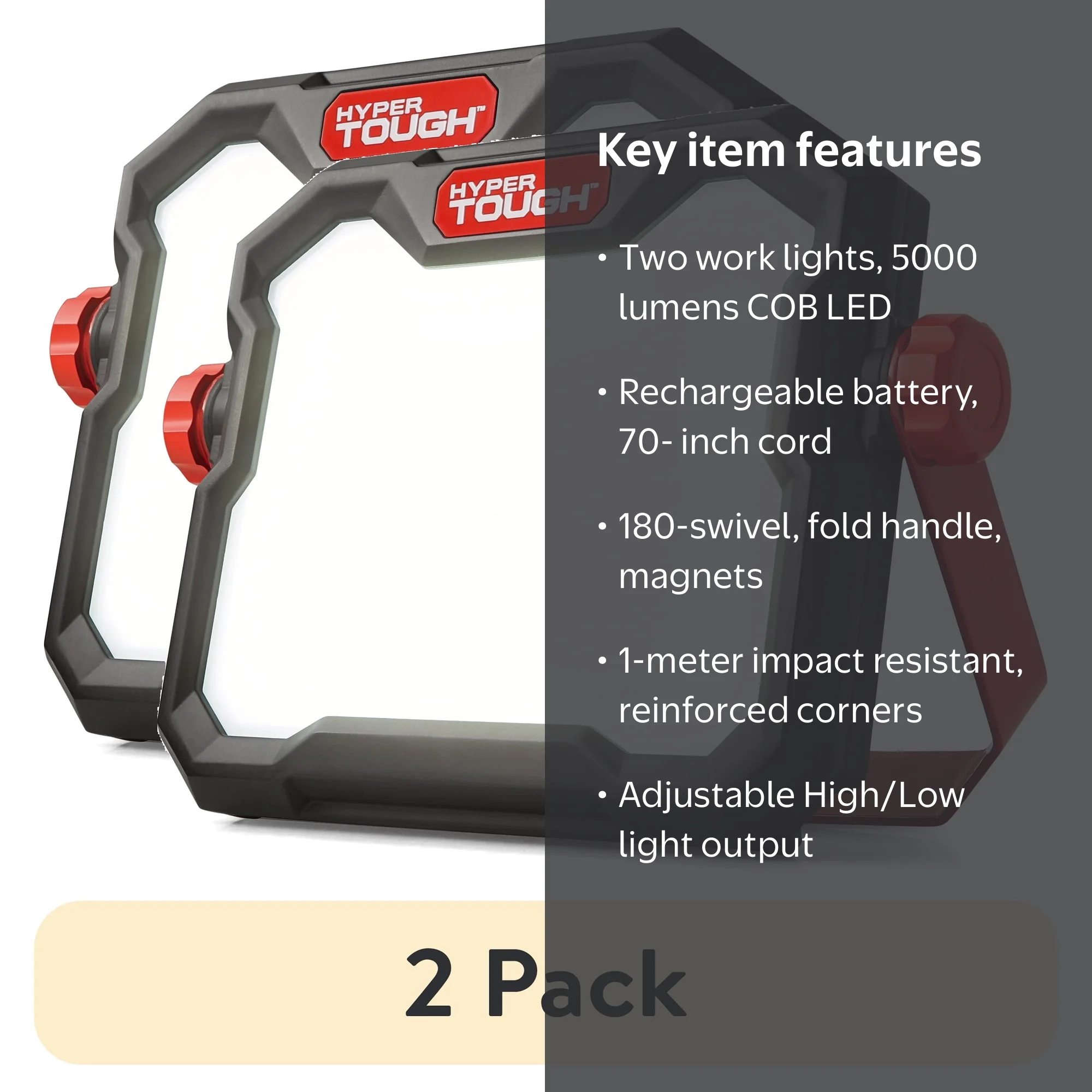 2 pack) Hyper Tough 50W LED 5000 Lumen Rechargeable Free Standing