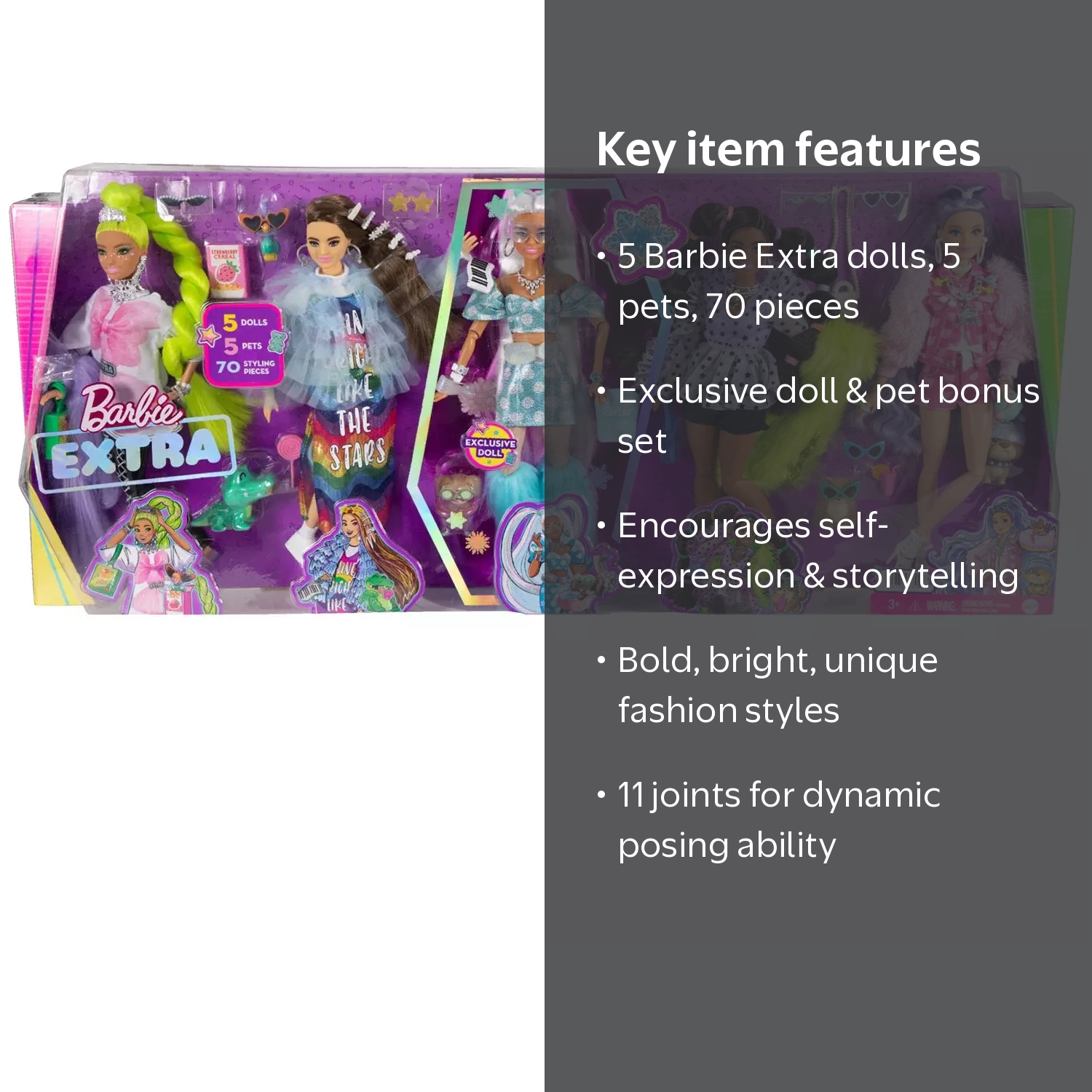 Barbie Extra Set: 5 Bold Fashion Dolls & 5 Adorable Pets with 70