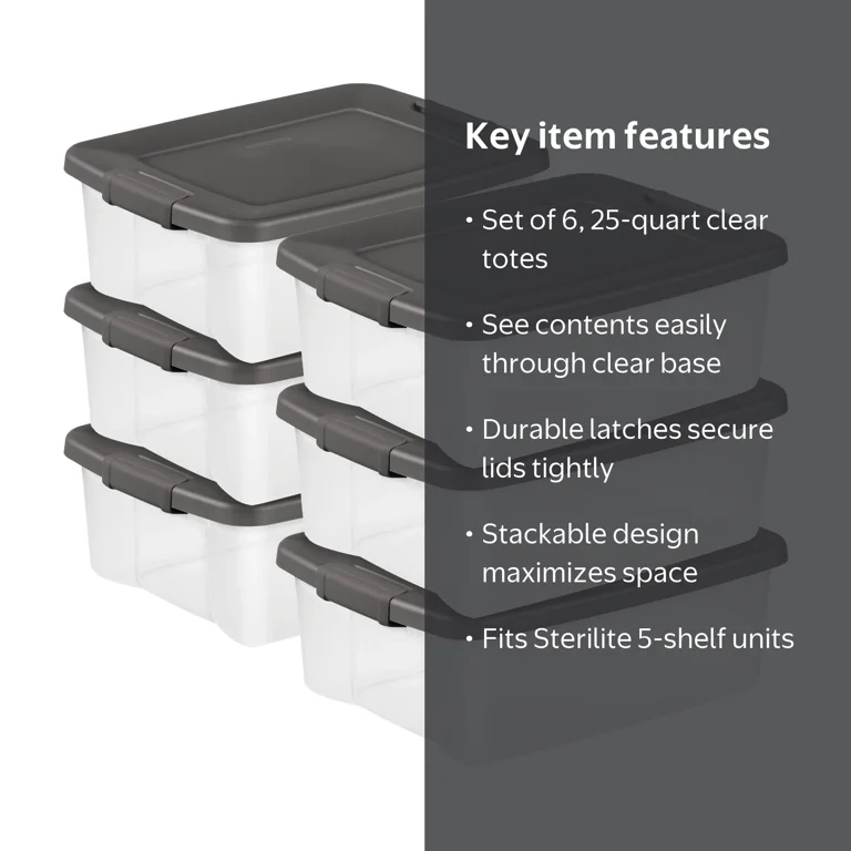 Sterilite ShelfTote 25 Quart Plastic Stackable Tote, 6 Pack, with