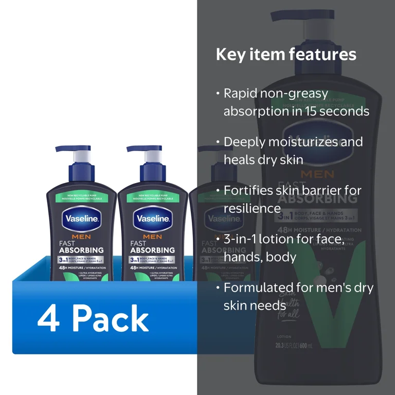 Vaseline, Men Fast Absorbing 3-in-1 Lotion, 20.3 oz, Dry Skin
