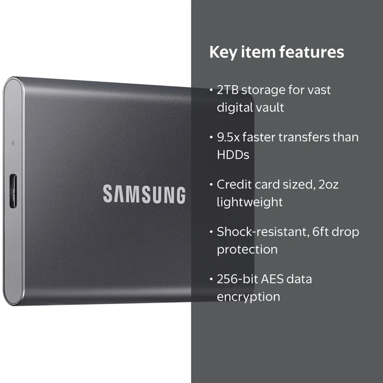 SAMSUNG T7 2TB Portable SSD, USB 3.2 Gen 2, Black MU-PC2T0T/AM SAMSUNG T7 2TB Portable SSD, USB 3.2 Gen 2, Black MU-PC2T0T/AM