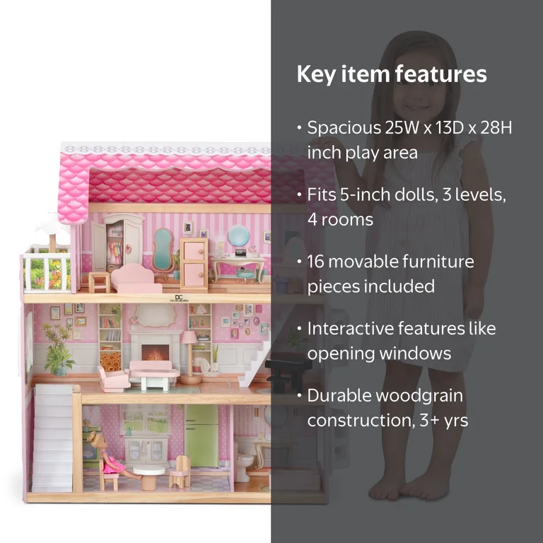 Delta Children Little Gem Dollhouse, 3-Story Wooden with 4 Rooms
