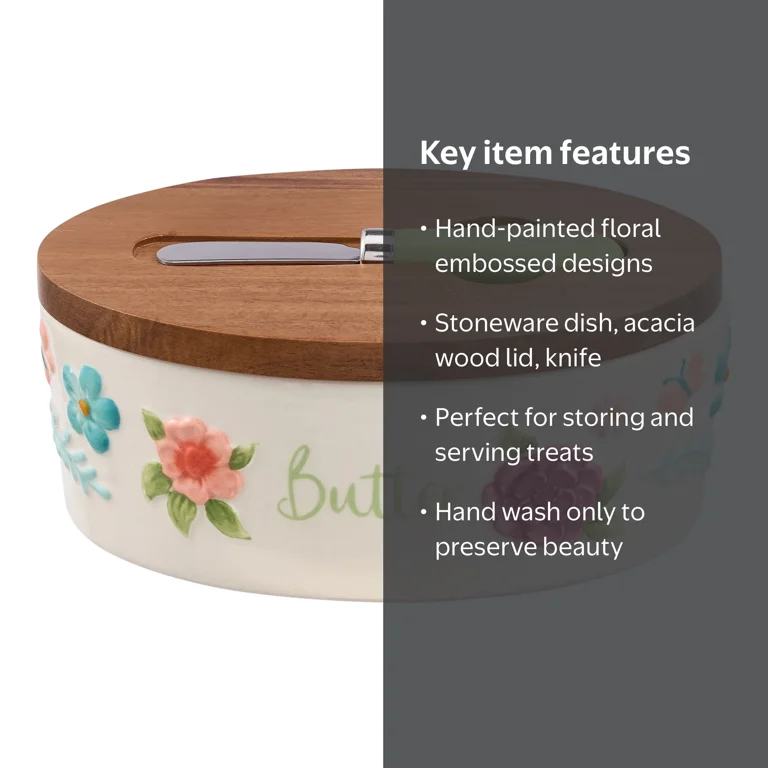 The Pioneer Woman Floral Stoneware Butter Dish with Acacia Wood