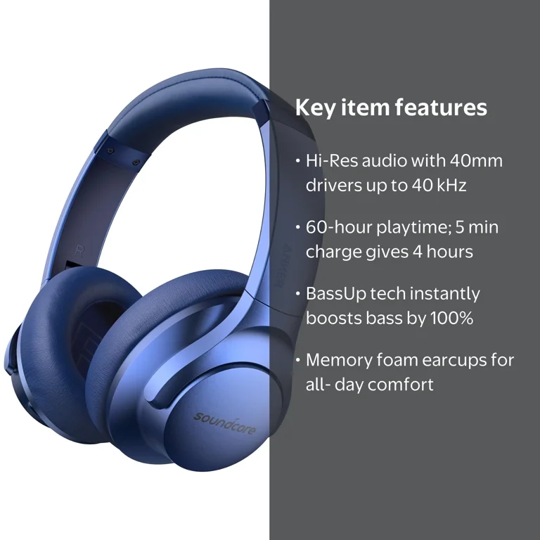 Soundcore Noise Cancelling Bluetooth Headphones, Hi-Res Audio, 60H