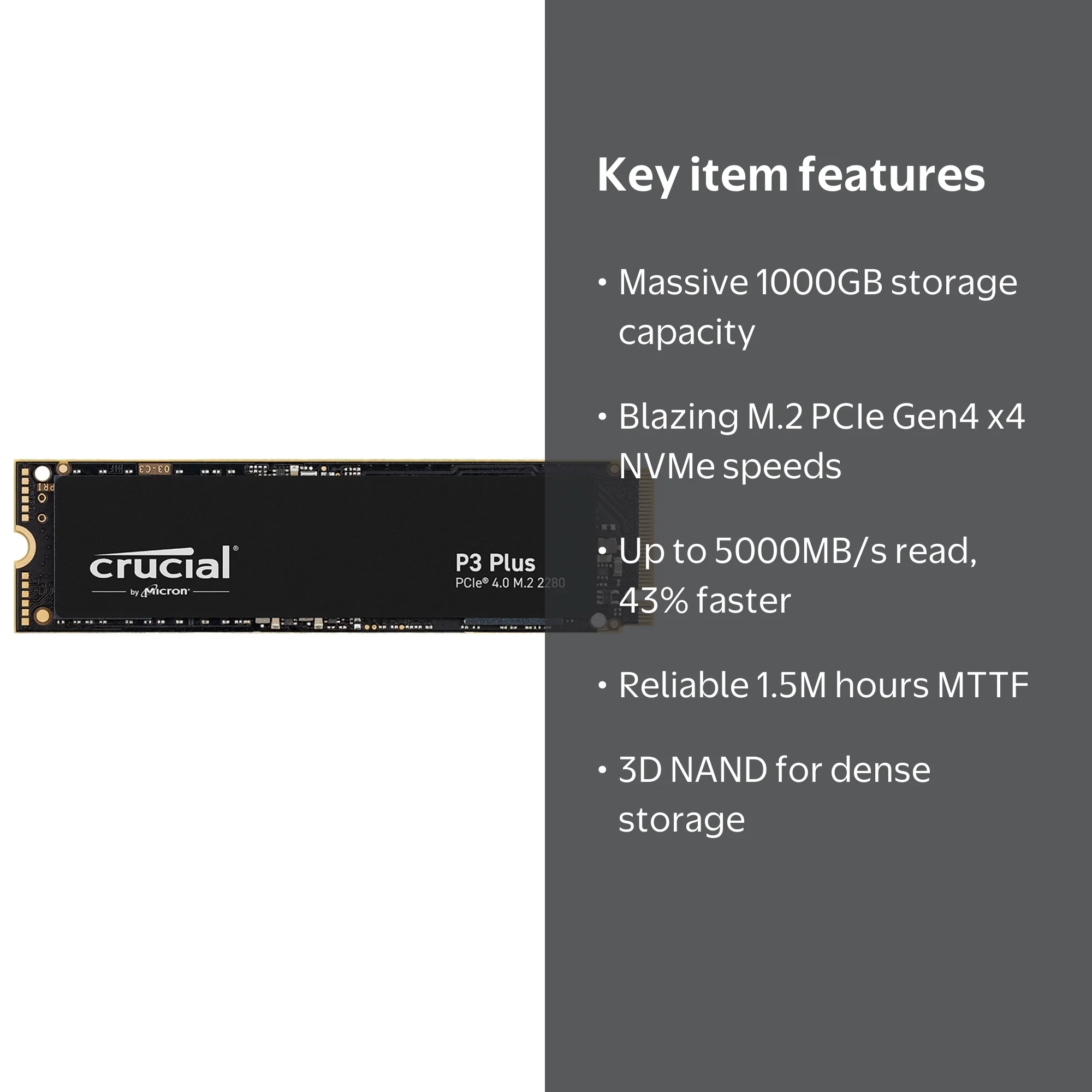 Micron, SSD, P3 Plus 1000GB, 3D NAND NVMe PCIe Gen4 x4 - Walmart.com