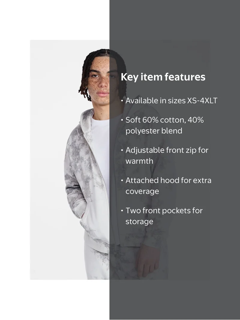 No Boundaries Zip Hoodie with Long Sleeves, Men's XS-4XLT