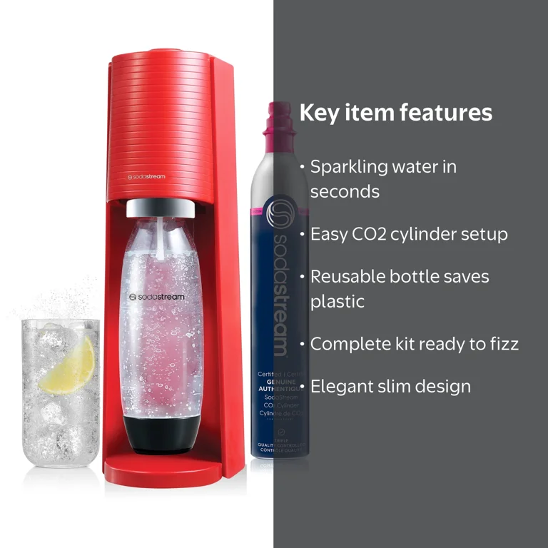 SodaStream, Sparkling Water Maker, Terra, Red, with CO2 and Bottle