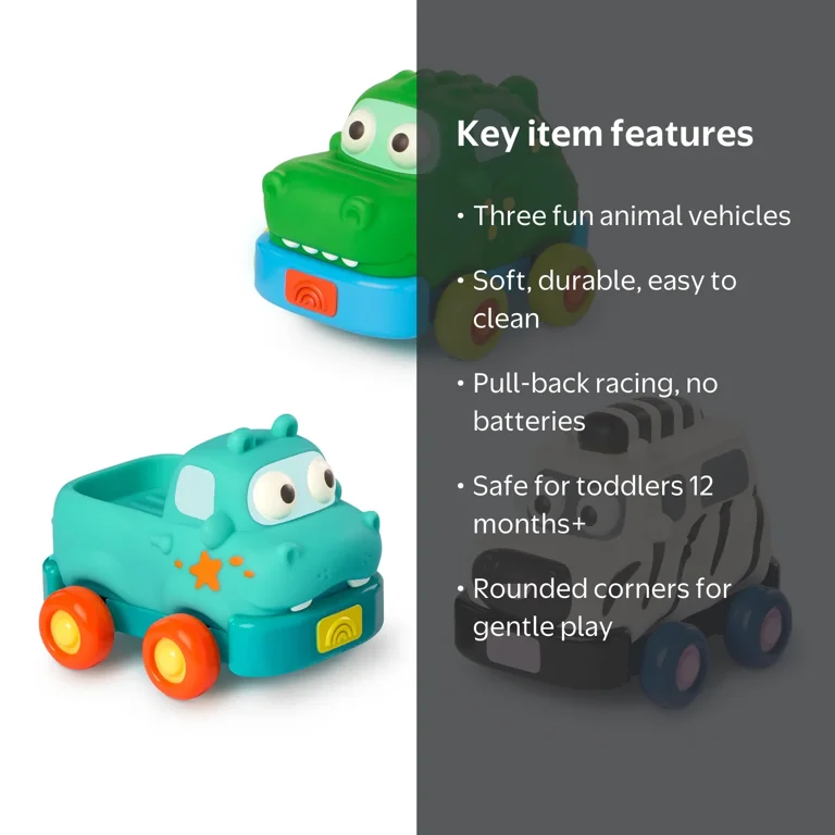 Battat Safari Speedsters 3 Pull-Back Animal Cars, Play Vehicle for