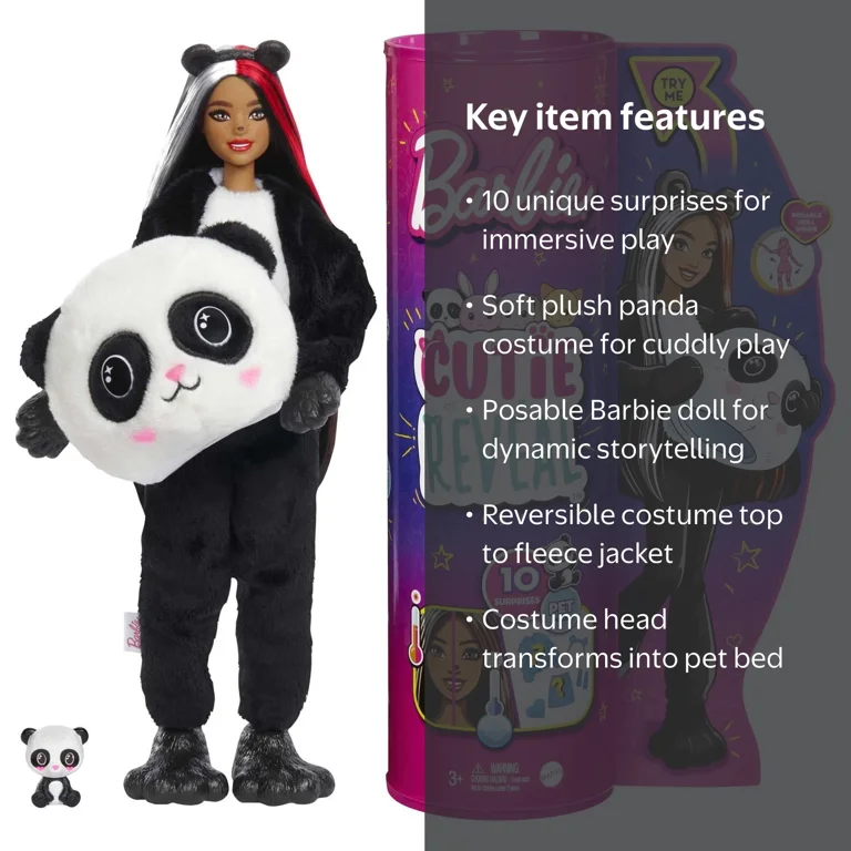 Barbie Cutie Reveal Doll with Cozy Panda Plush Costume, Pet, and