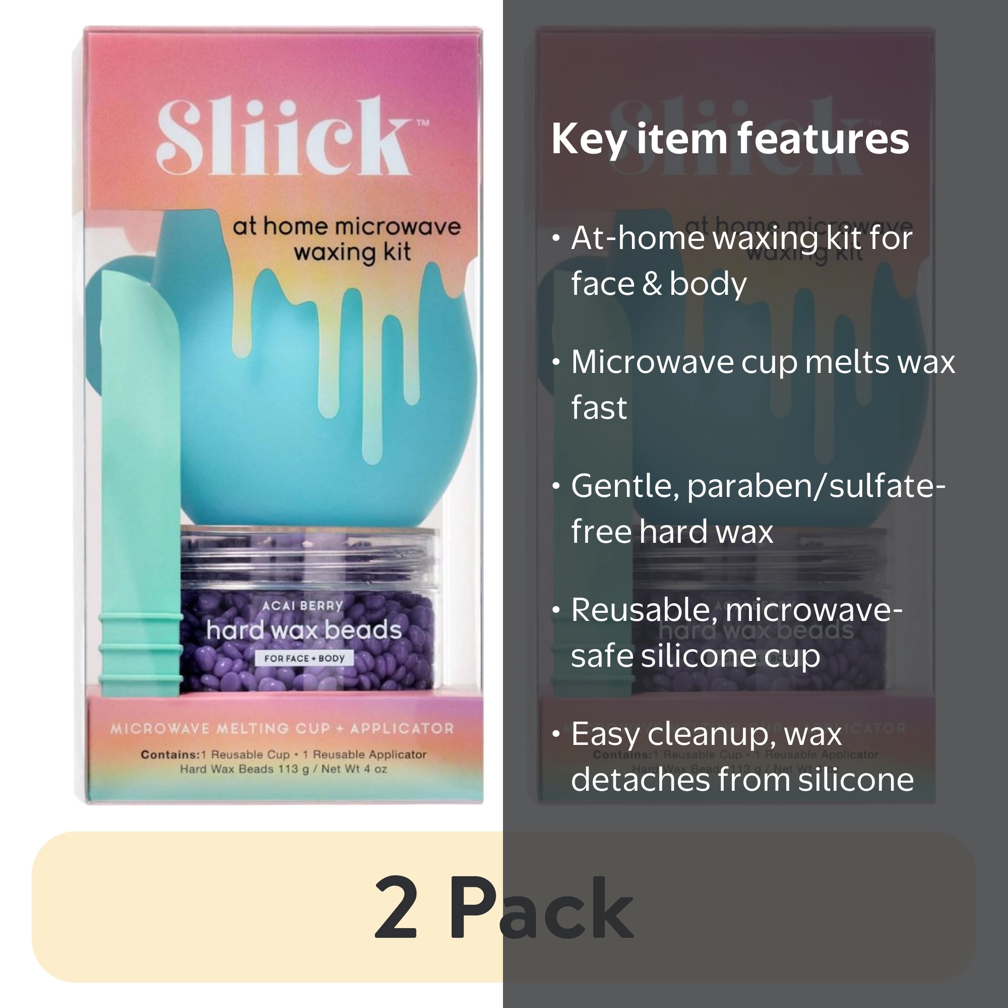 2 pack) Sliick Acai Berry Microwave Wax Beads Kit For At Home Face