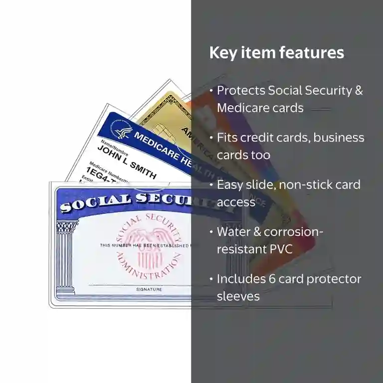 sleeve for social security card LIEMAND 6 Pack Protector Sleeves, Ultra Clear & Durable 31Mil Waterproof SSN/New Medicare/Credit Card Holder, Soft ID/Debit/Credit/Index Card Storage Sleeves : Clothing, Shoes & Jewelry Product Description Previous page Easy to Use Unique opening design makes it easier to take in and put in cards High transparency Double 6 Pack Social Security Card