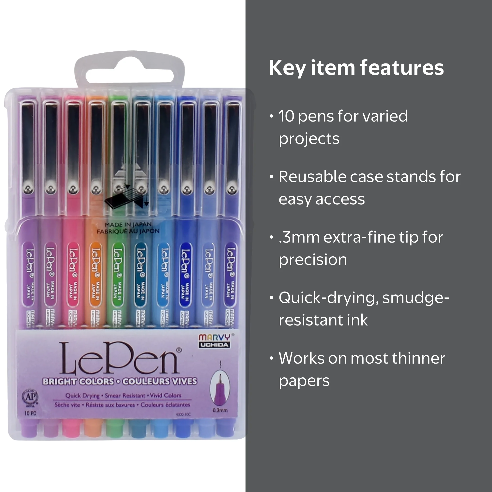 Marvy Uchida Le Pen Felt Tip Pens Set, Bright Colors, 0.3 mm