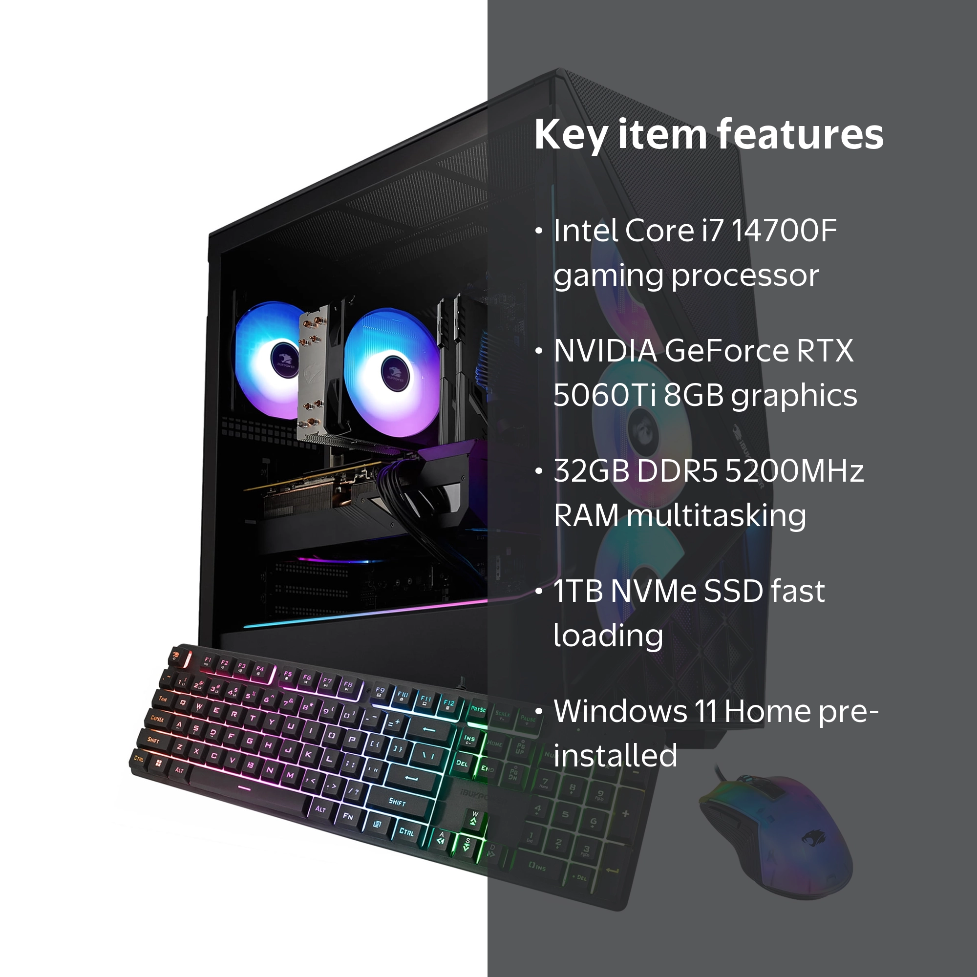 iBUYPOWER Slate Gaming PC Desktop, Intel Core i7 14700F, NVIDIA
