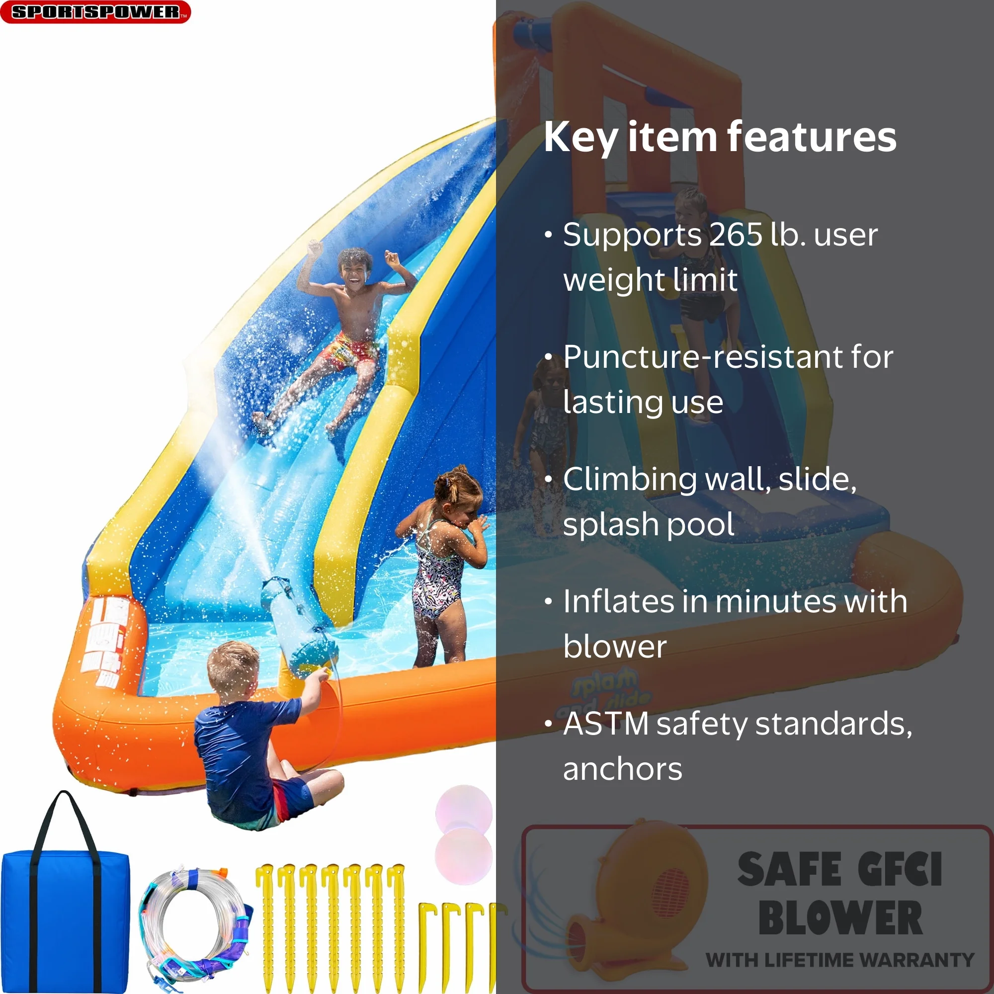 Sportspower Big Wave II Inflatable Water Slide, Climbing Wall