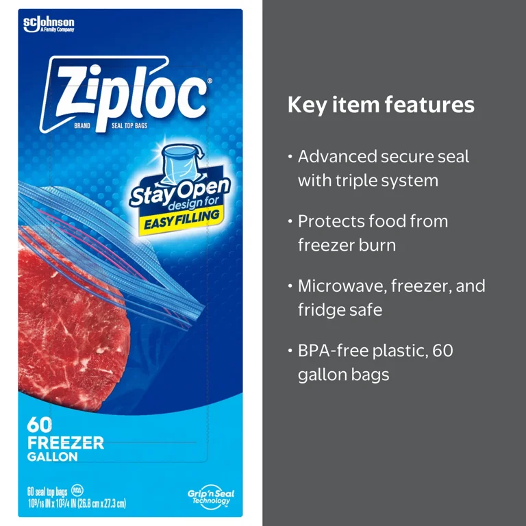 冷凍PS30 PL40 S10 ML40 Ziploc Freezer Food Storage Bags, Gallon, Grip 'n Seal, 60 ct