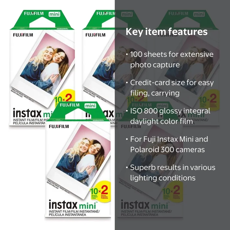 Fujifilm Instax Mini Instant Film, 100 Sheets, White, Compatible
