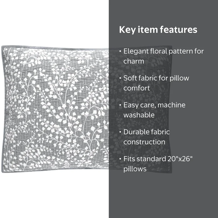 Mainstays Ditzy Floral Grey Sham, Standard, 20x26 inches