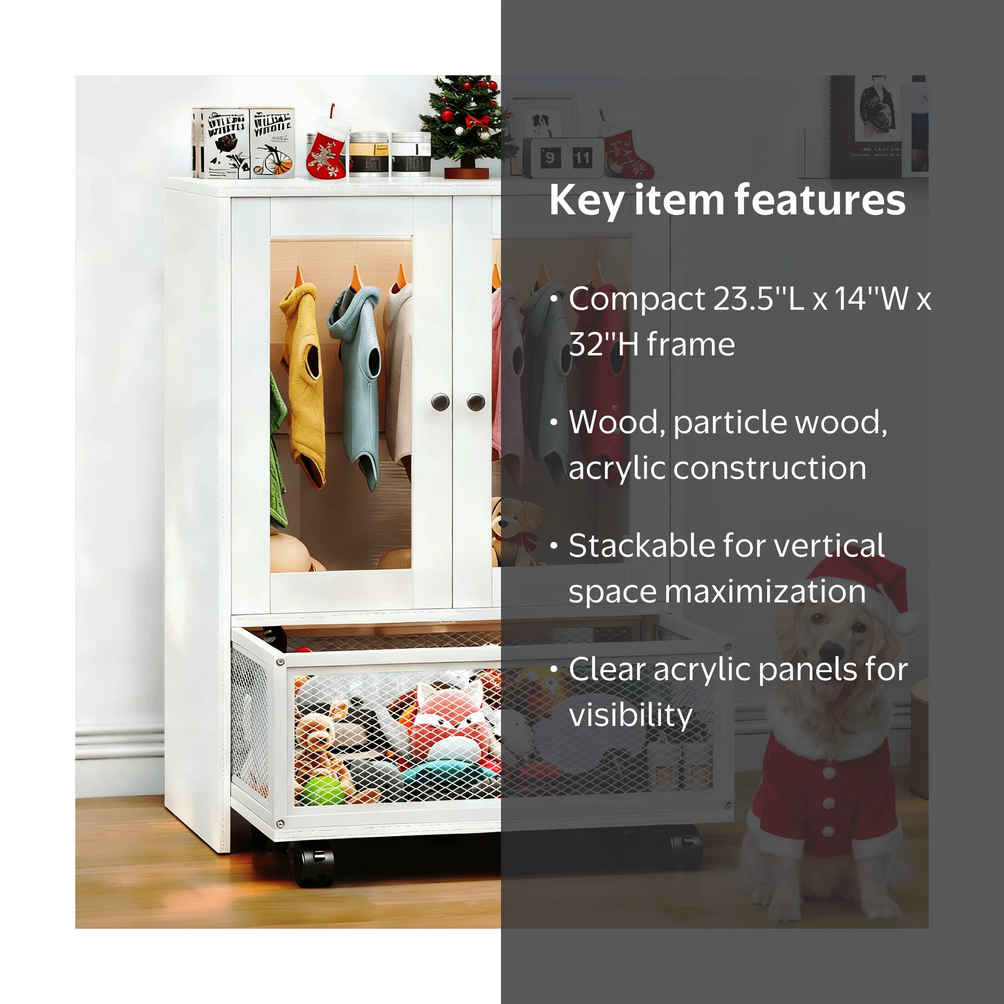 TC-Homeny Wooden Dog Wardrobe with Acrylic Door, Wheels, Drawers