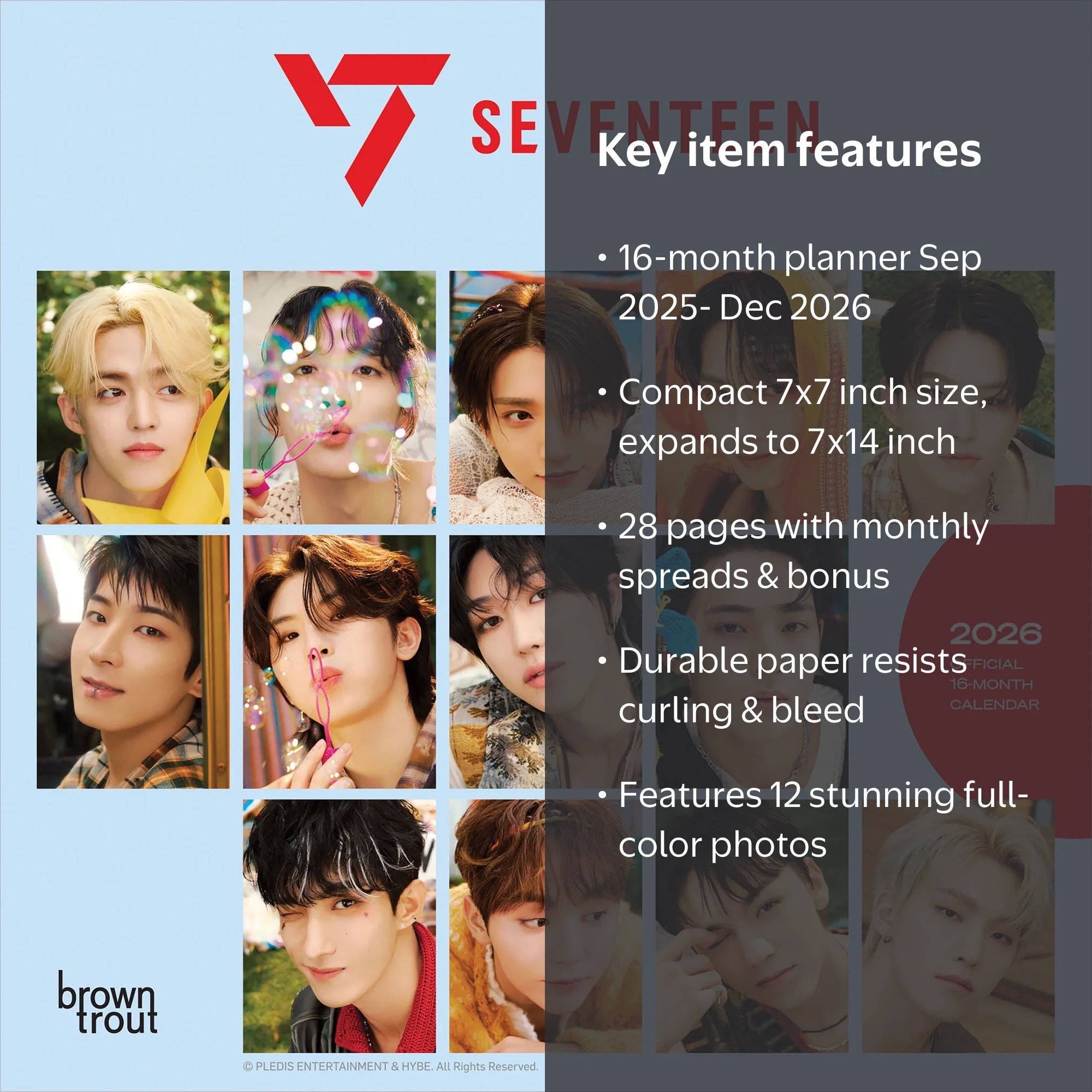 BrownTrout, 2026 Mini Wall Calendar, 7x14, Seventeen K-pop