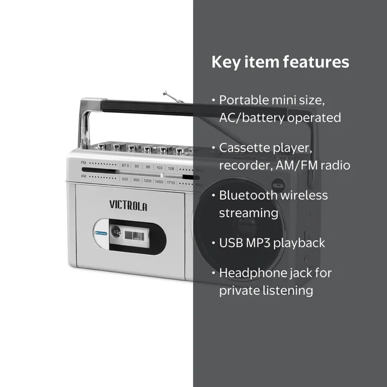 Victrola's Mini Bluetooth Boombox with Cassette Player, Recorder