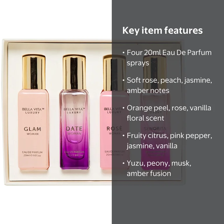 Bellavita Luxury Perfumes Gift Set for Women, 4 x 20ml Floral & Fruity Long-Lasting Eau De Parfum
