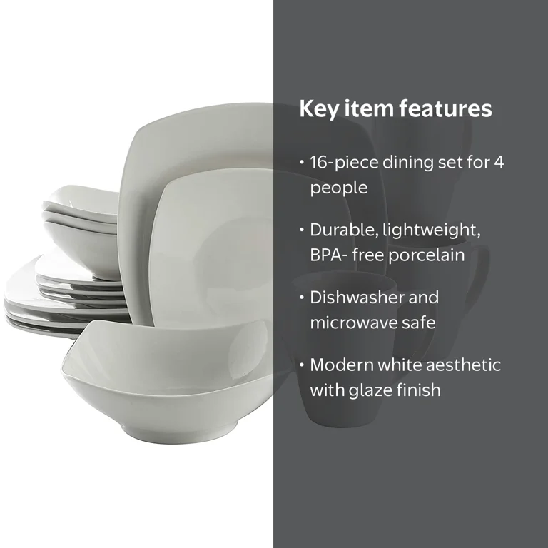 Gibson Zen Buffet 16 Piece Dinnerware Set, Square Plates, Bowls