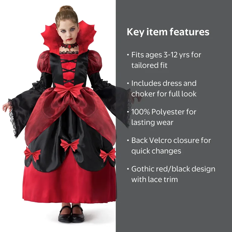 Spooktacular Costume Costume de vampire gothique pour filles, Cape de reine vampiresse victorienne, Habillage d'Halloween d'une reine médiévale noble, Small (5-7 yrs Spooktacular Costume Costume de vampire gothique pour filles, Cape de reine vampiresse victorienne, Habillage d'Halloween d'une reine médiévale noble, Small (5-7 yrs