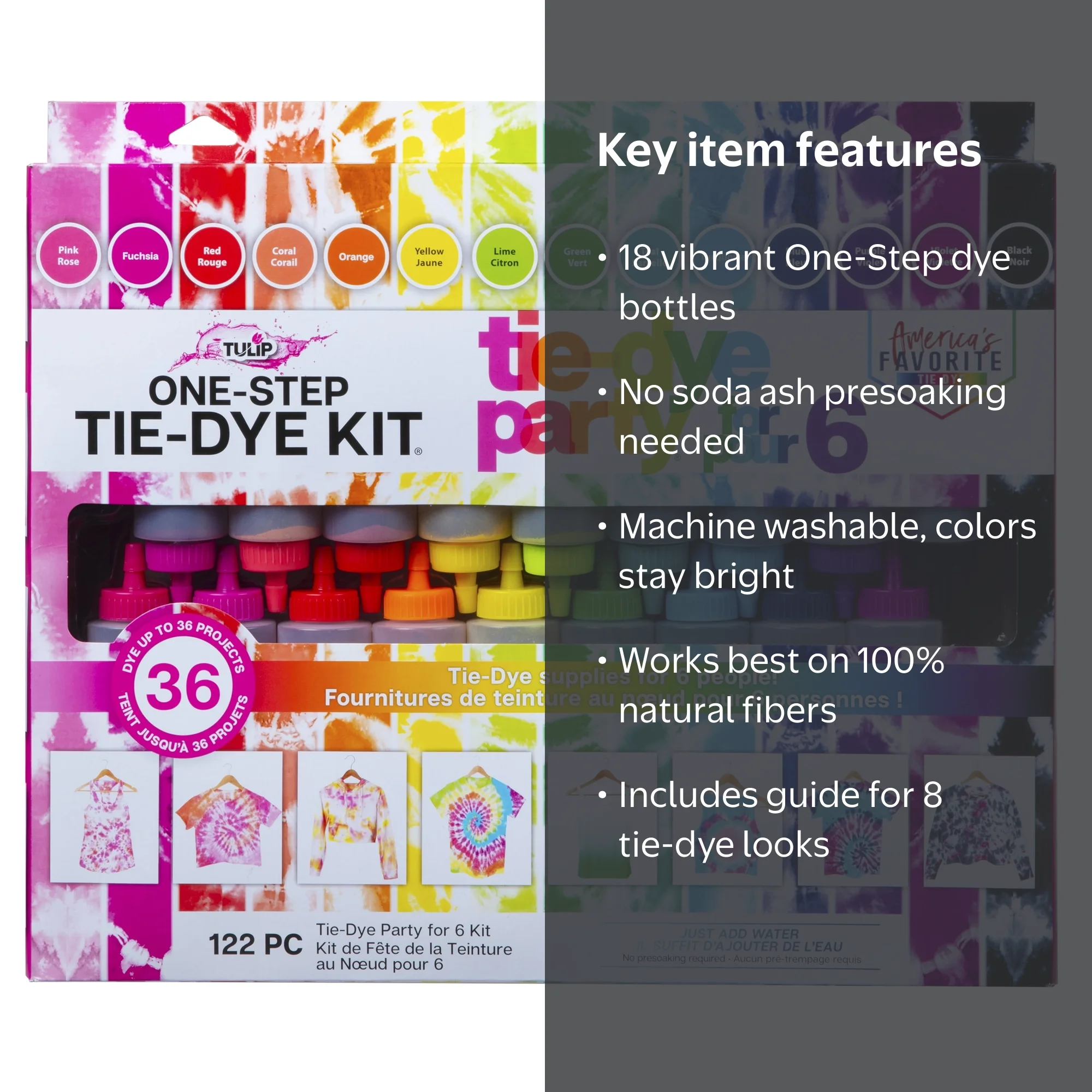 Tulip, One-Step Tie Dye Kit, 18-Color, Includes supplies for 6