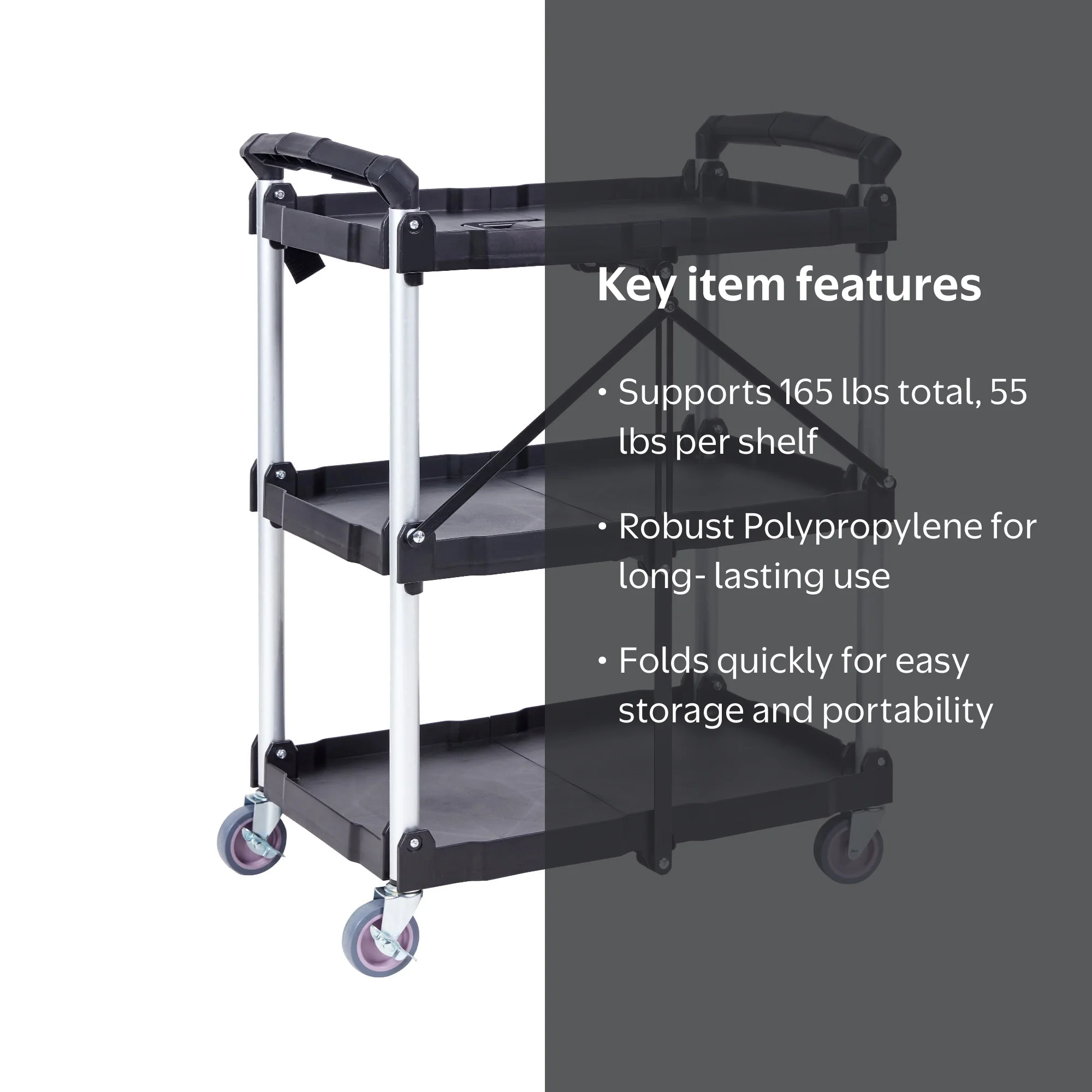 SKYSHALO Heavy-Duty Folding Utility Cart, 165lbs 3 Shelf, Lockable
