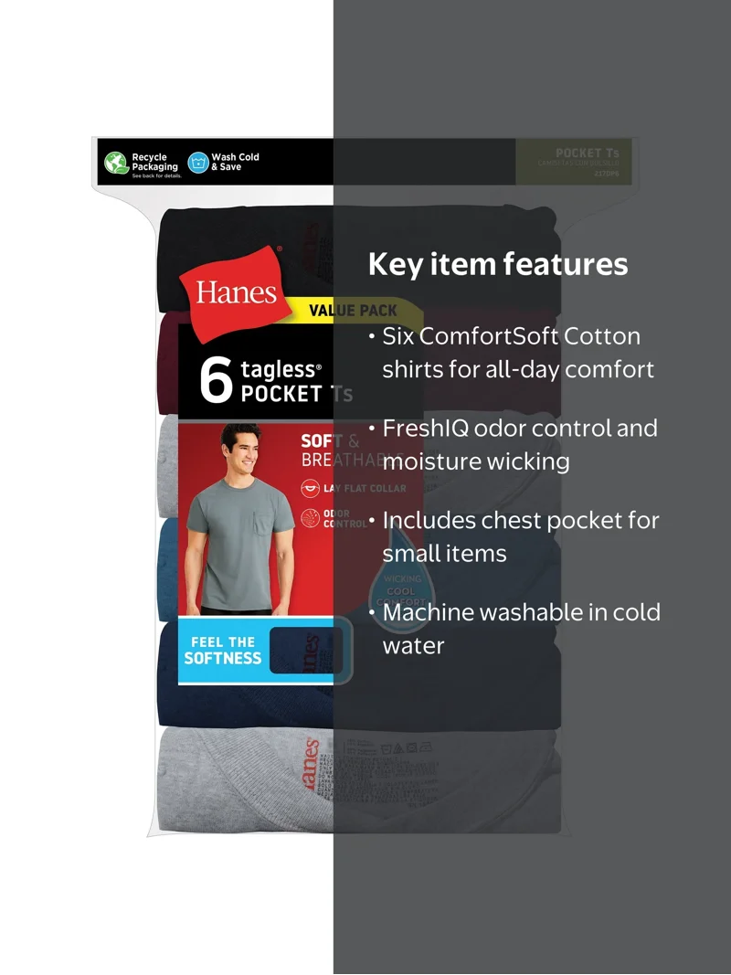 Hanes Men's ComfortSoft Tagless Pocket T-Shirt 6 Pack - Walmart.com