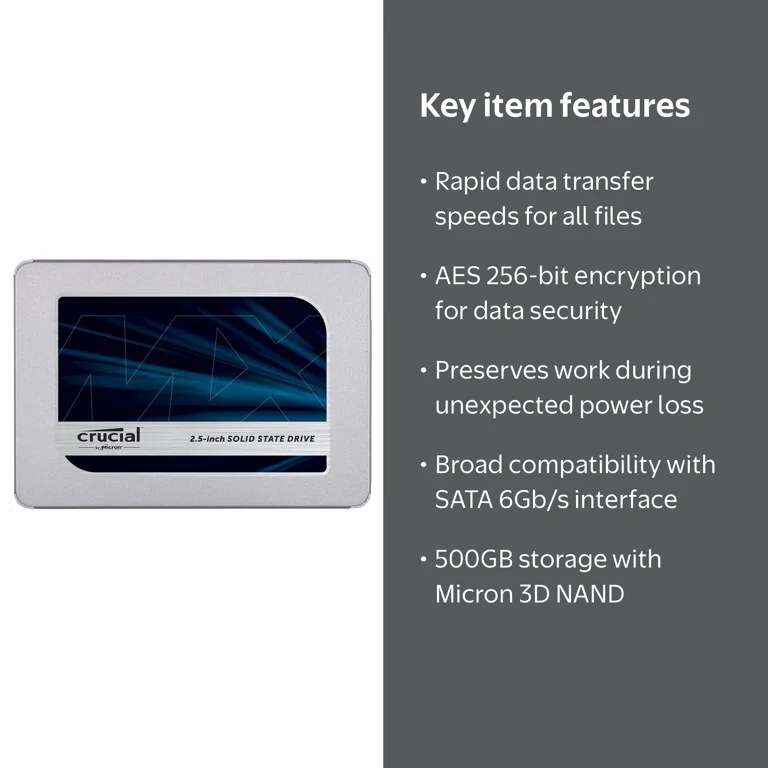 Crucial MX500 500GB Solid State Drive, SATA 2.5-inch 7mm Internal