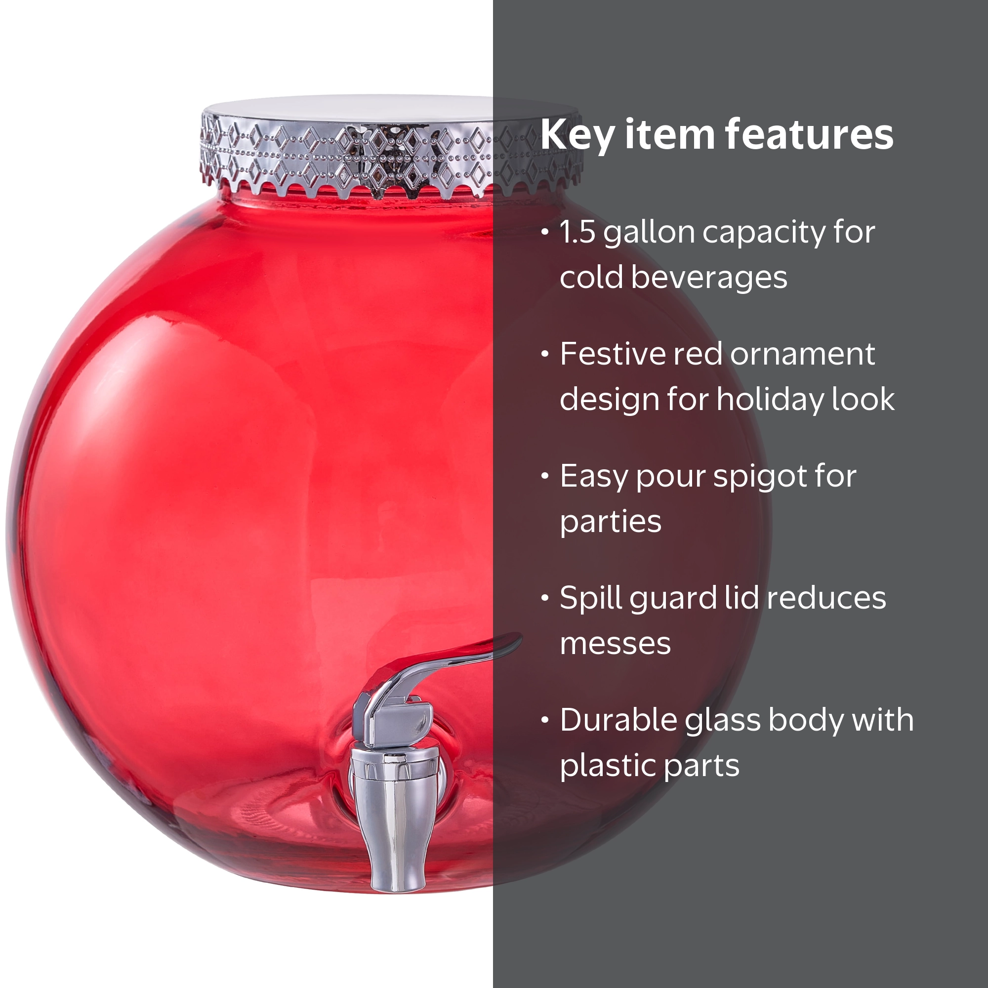 Holiday Time Red Ornament Glass Beverage Dispenser, 1.5 gal
