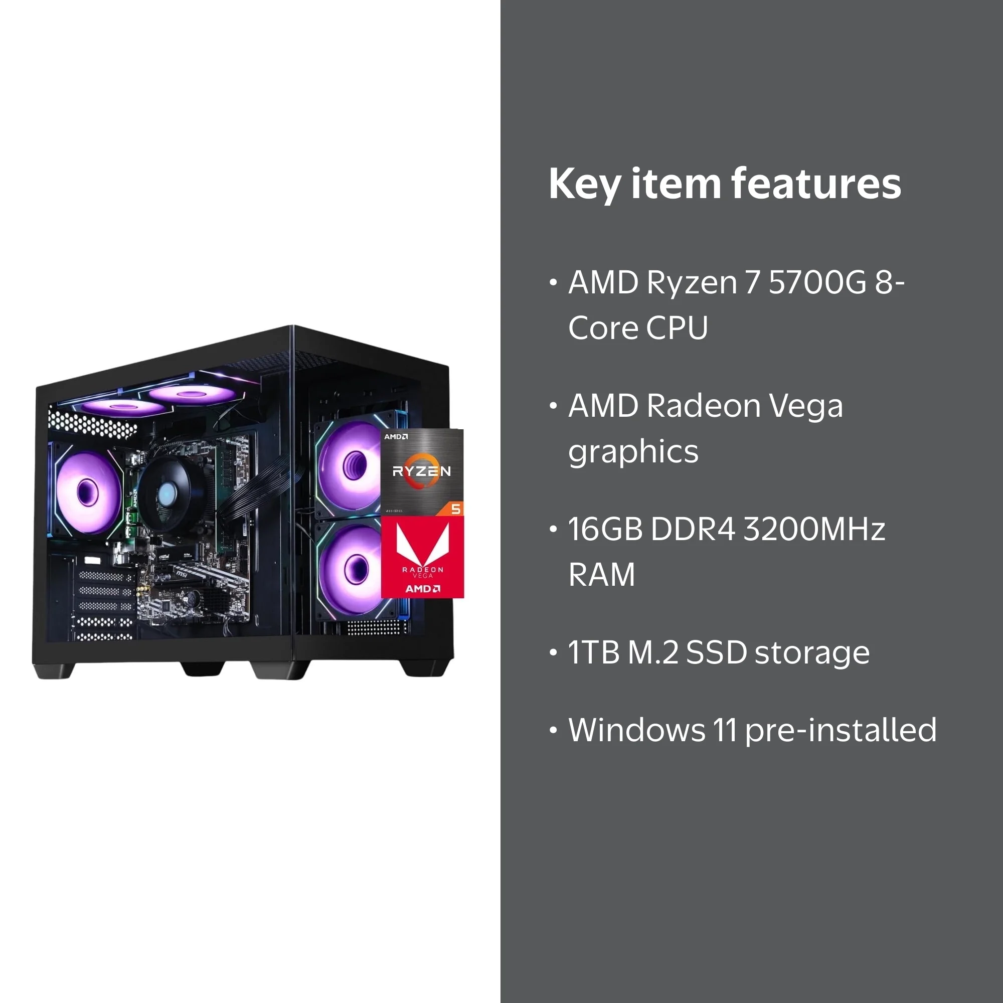 Zhic Gaming Desktop PC, AMD Ryzen 5 5700G, 32GB DDR5 Ram, 1TB M.2