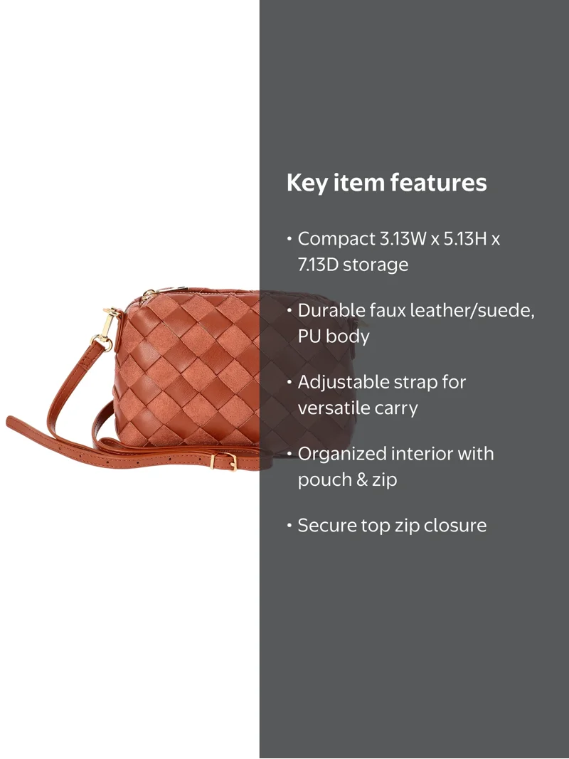 Time and Tru Women's Faux Leather and Suede Woven Camera Crossbody