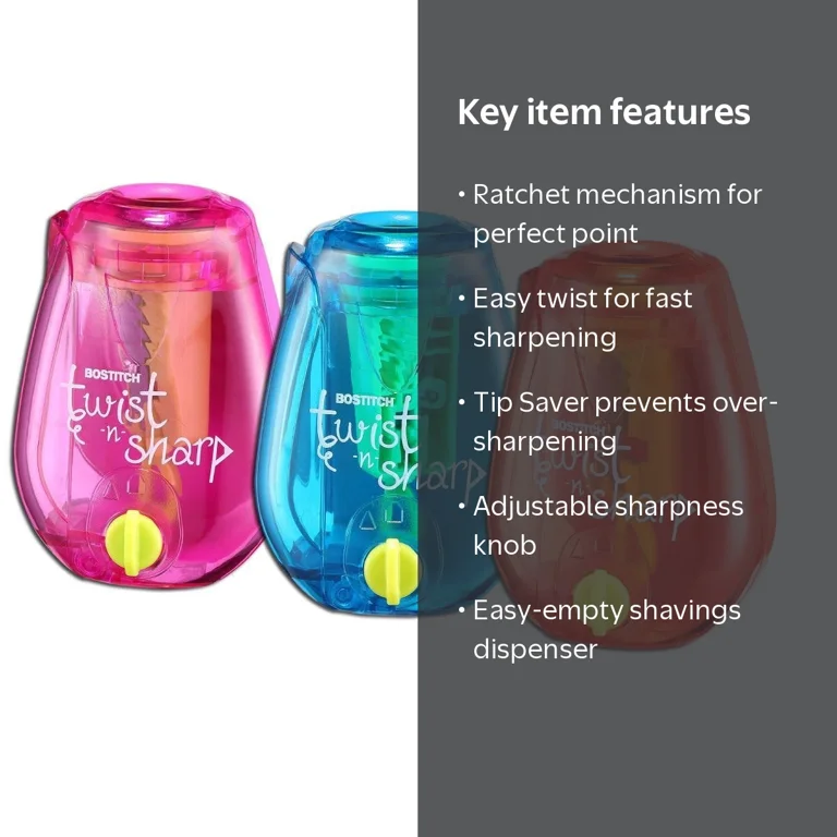 BOSTITCH, Pencil Sharpener, Twist-n-Sharp 1-Hole, 3pk Assorted