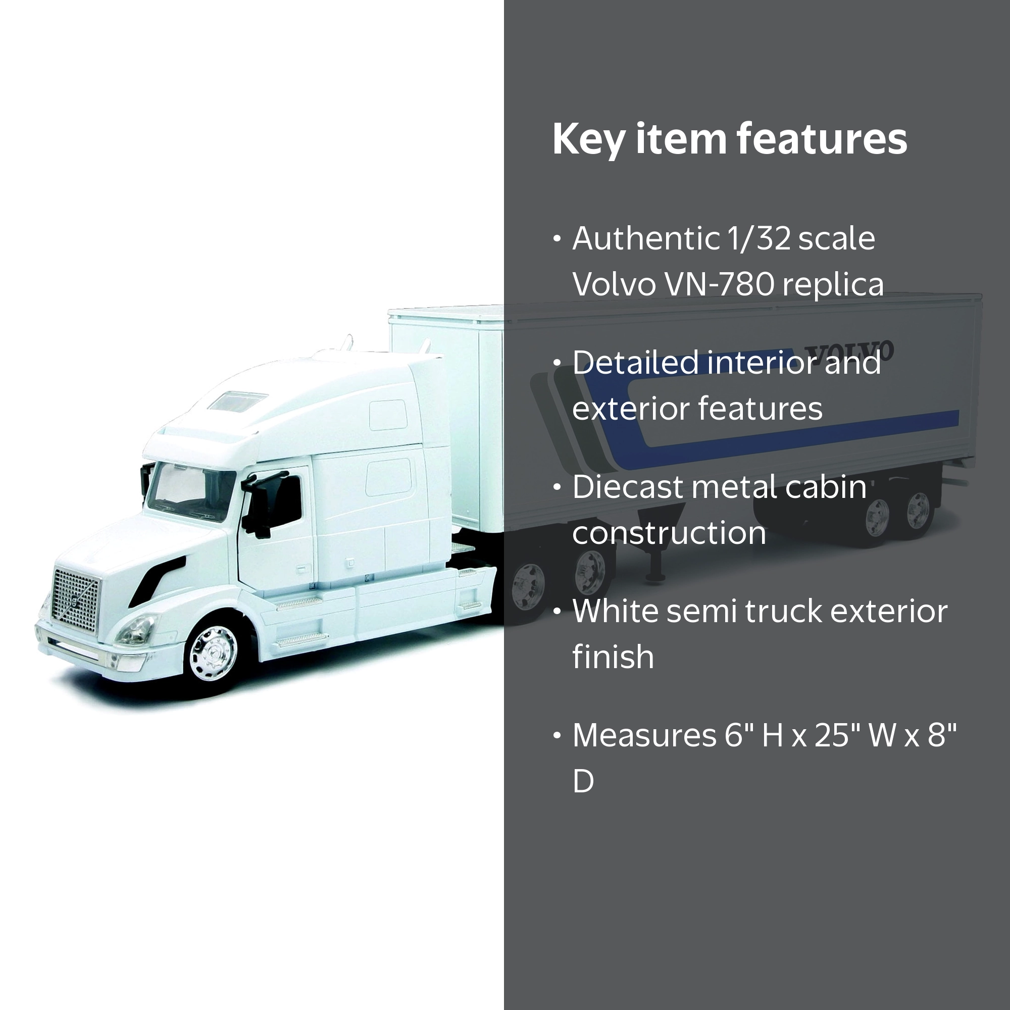 New Ray Toys, Volvo Tractor and Trailer, VN-780 1/32 Scale, White