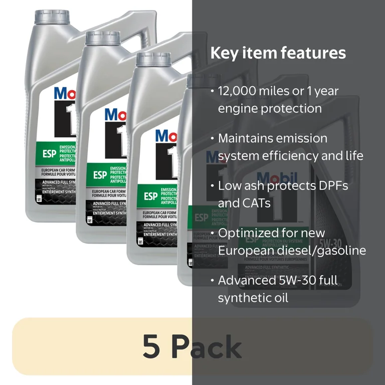 5 pack) Mobil 1 ESP Standard Full Synthetic Engine Oil 5W-30 5