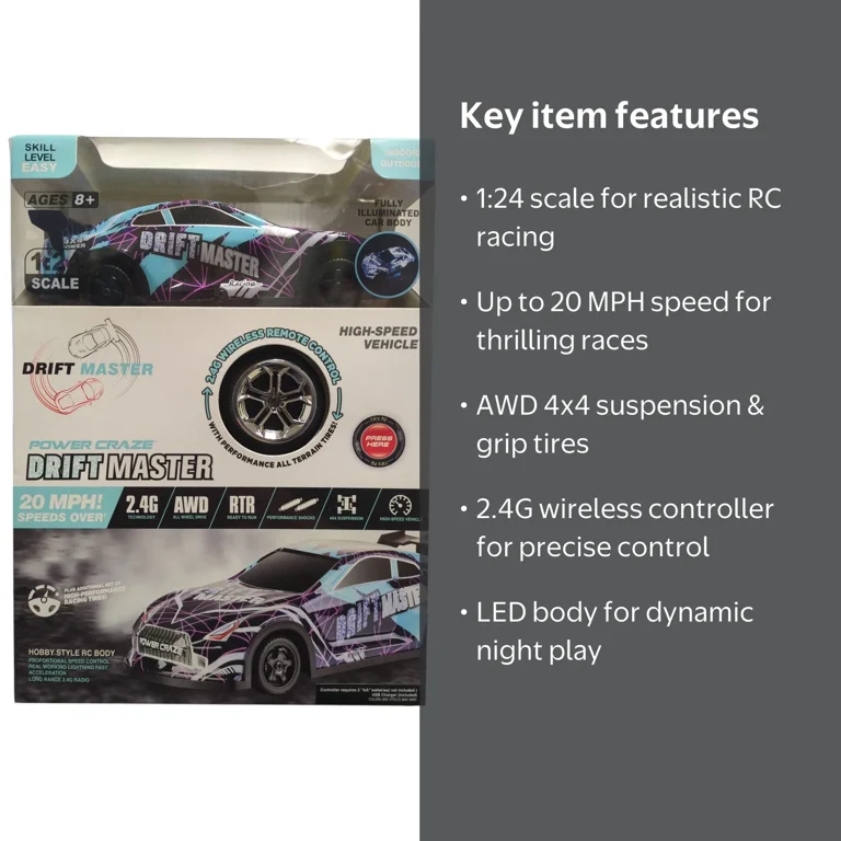 Power Craze Drift Master RC Car 1:24 AWD 20 MPH 2.4G LED Lights