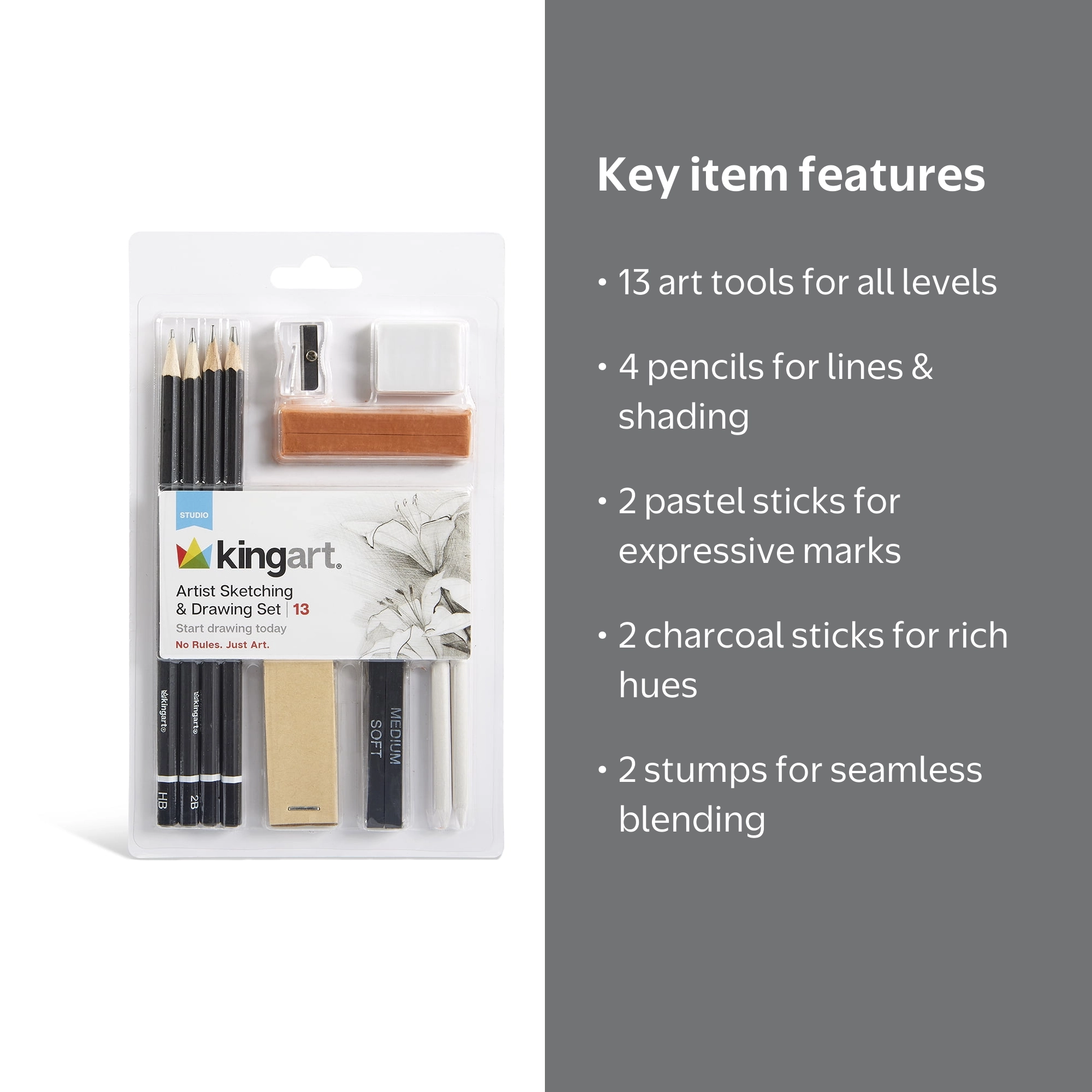 King art 13 Piece Sketching Drawing Kit with Pencils Charcoal