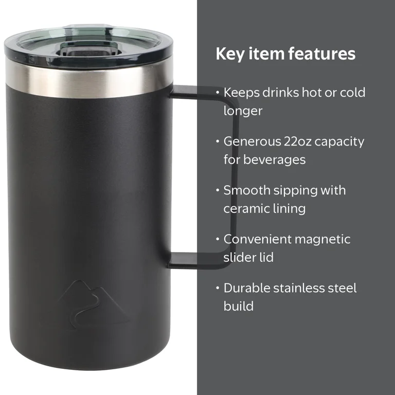 Ozark Trail 22oz Ceramic Lined Stainless Steel Insulated Coffee Mug, Black