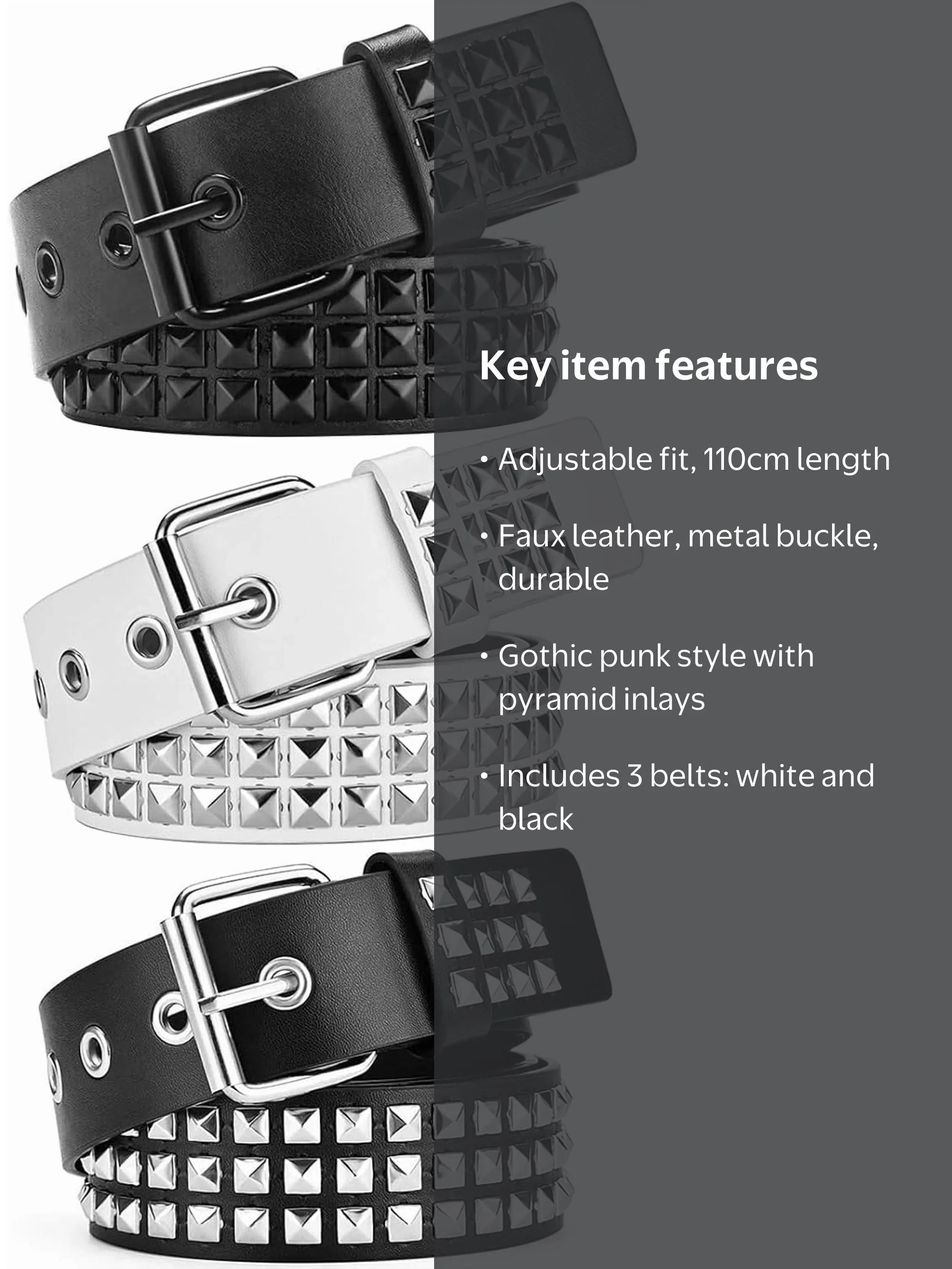 3 Pack Studded Belts Y2K Gothic Punk Star Pyramid Grommet Waist Belt Women Men Studded Punk Belt – Pyramid Stud Faux Leather Belt in Black  main image 2