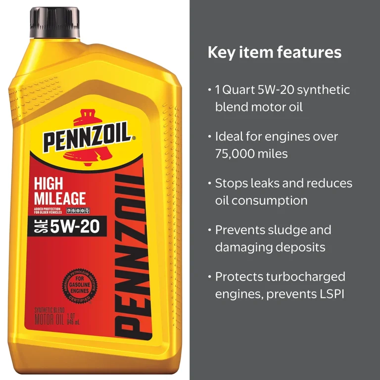 Pennzoil, High Mileage Motor Oil, 1 Quart, 5W-20 Synthetic Blend