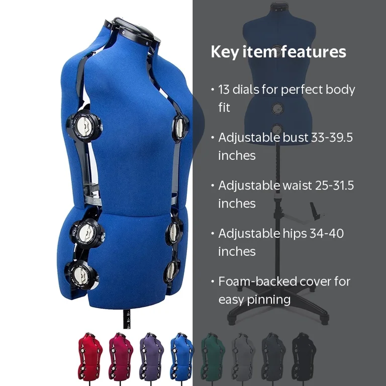 Gex 13 Dials Female Fabric Adjustable Mannequin Dress Form for Sewing, Mannequin Body Torso with Stand, Up to 70 inch Shoulder Height Blue (Medium)