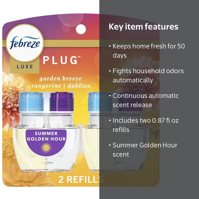 Febreze Plug In Air Freshener, Odor-Fighting Oil Refill, Summer Golden Hour, 2 Refills