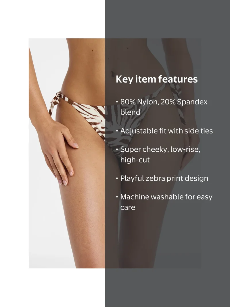 No Boundaries Zebra Print Side Tie Bikini Bottoms, Women's XXS-XXL