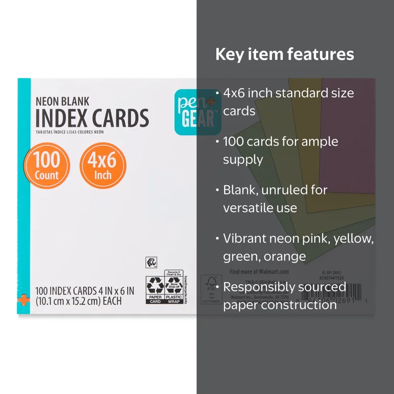 Pen+Gear Unruled Index Cards, Neon, 100 Count, 4