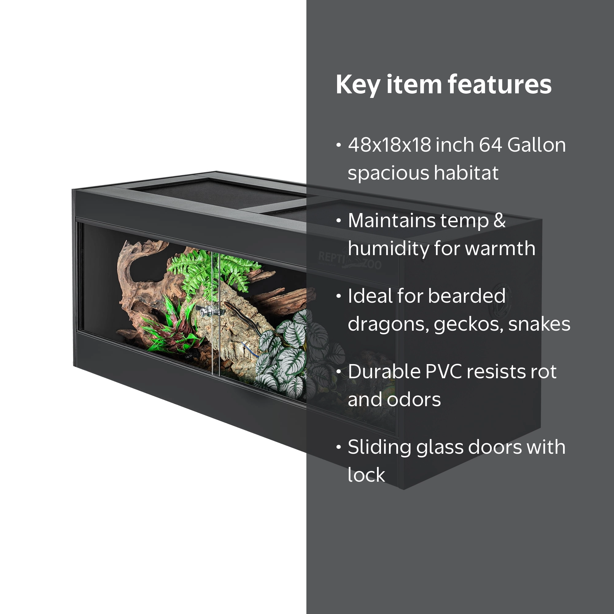 REPTI ZOO 48x18x18 Reptile PVC Terrariums with Glass Sliding Door